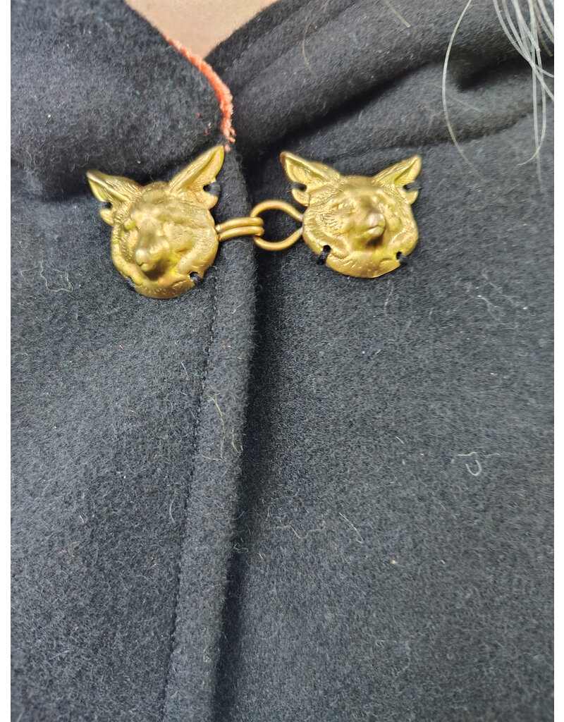 Cloakmakers.com 5833-Washable Black Wool Cloak w/ Fox Embroidery & Clasp plus Orange Velvet Hood Lining