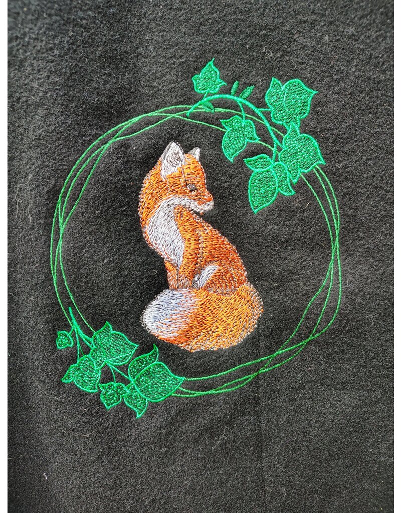 Cloakmakers.com 5833-Washable Black Wool Cloak w/ Fox Embroidery & Clasp plus Orange Velvet Hood Lining