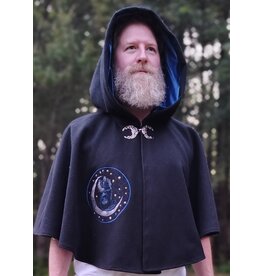 Cloakmakers.com 5834-Washable Black Wool Cloak w/ Cat & Stars Embroidery On Crescent Moon plus Pockets