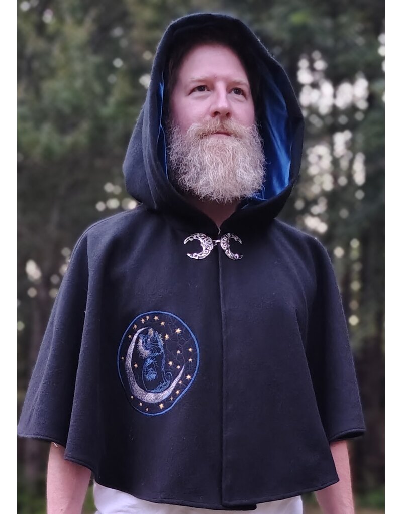 Cloakmakers.com 5834-Washable Black Wool Cloak w/ Cat & Stars Embroidery On Crescent Moon plus Pockets