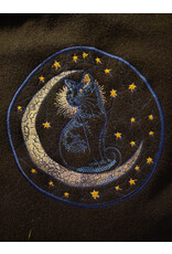 Cloakmakers.com 5834-Washable Black Wool Cloak w/ Cat & Stars Embroidery On Crescent Moon plus Pockets