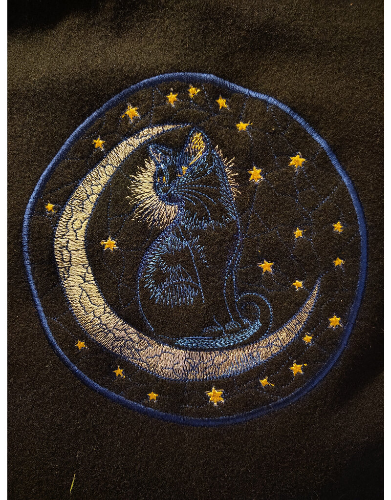 Cloakmakers.com 5834-Washable Black Wool Cloak w/ Cat & Stars Embroidery On Crescent Moon plus Pockets