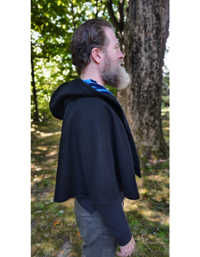 Cloakmakers.com 5834-Washable Black Wool Cloak w/ Cat & Stars Embroidery On Crescent Moon plus Pockets