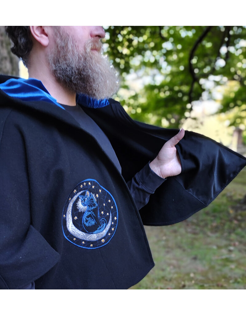 Cloakmakers.com 5834-Washable Black Wool Cloak w/ Cat & Stars Embroidery On Crescent Moon plus Pockets