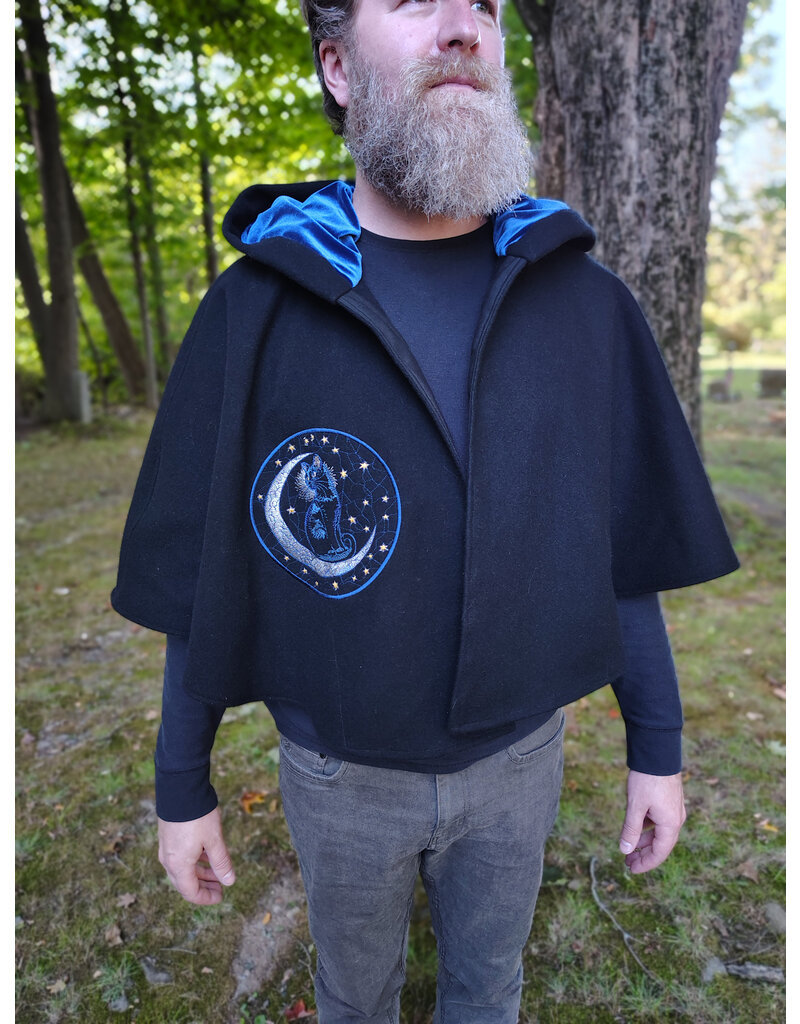 Cloakmakers.com 5834-Washable Black Wool Cloak w/ Cat & Stars Embroidery On Crescent Moon plus Pockets