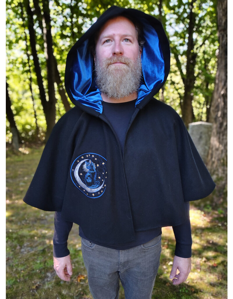 Cloakmakers.com 5834-Washable Black Wool Cloak w/ Cat & Stars Embroidery On Crescent Moon plus Pockets