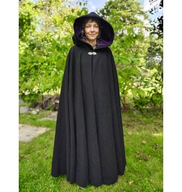 Cloakmakers.com 5835-Washable Black Wool Cloak w/ Purple Velveteen Hood Lining & Gothic Rose Clasp