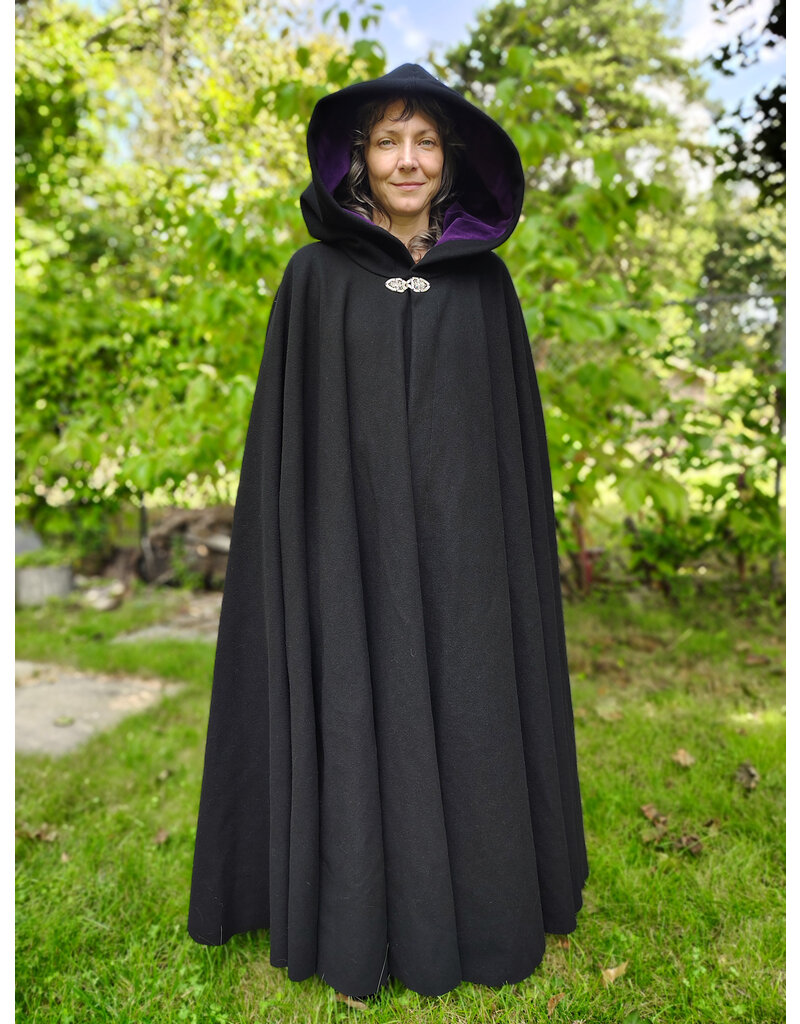 Cloakmakers.com 5835-Washable Black Wool Cloak w/ Purple Velveteen Hood Lining & Gothic Rose Clasp