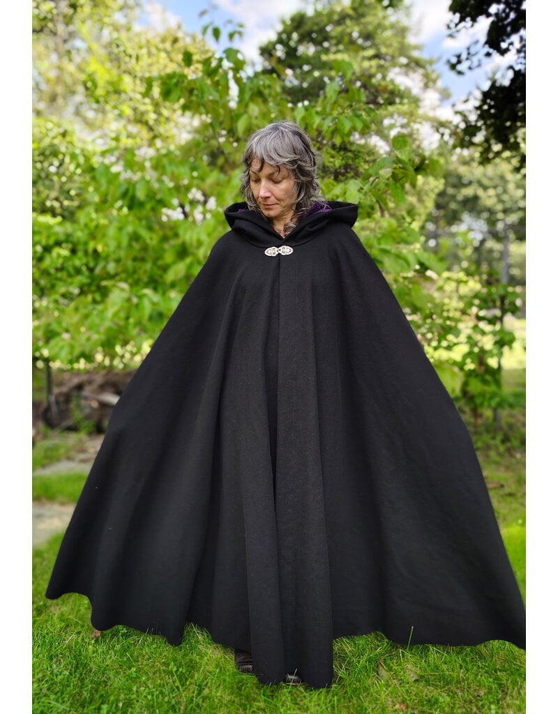 Cloakmakers.com 5835-Washable Black Wool Cloak w/ Purple Velveteen Hood Lining & Gothic Rose Clasp