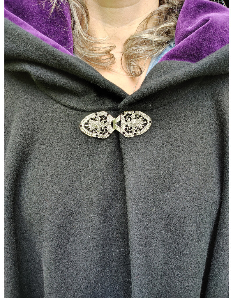 Cloakmakers.com 5835-Washable Black Wool Cloak w/ Purple Velveteen Hood Lining & Gothic Rose Clasp