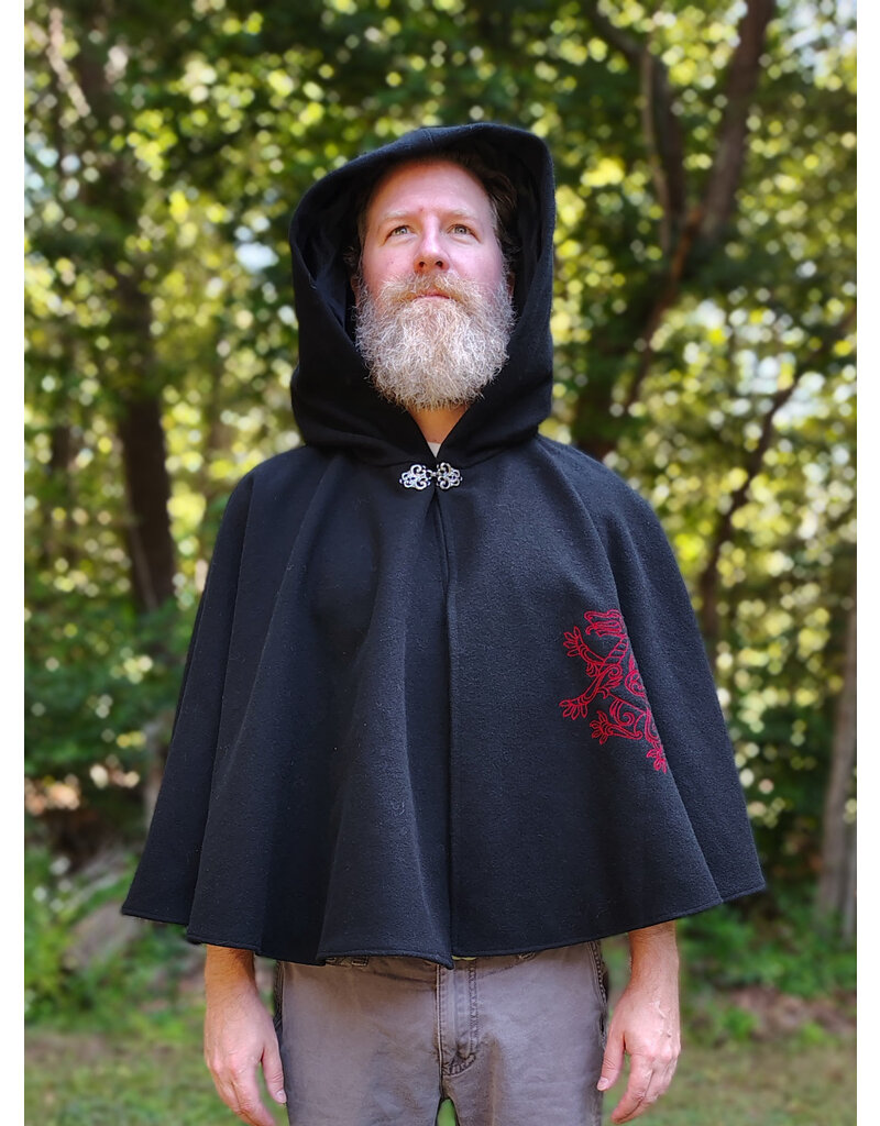 Cloakmakers.com 5837-Washable Black Wool Cloak w/ Red Dragon Embroidery & Pockets