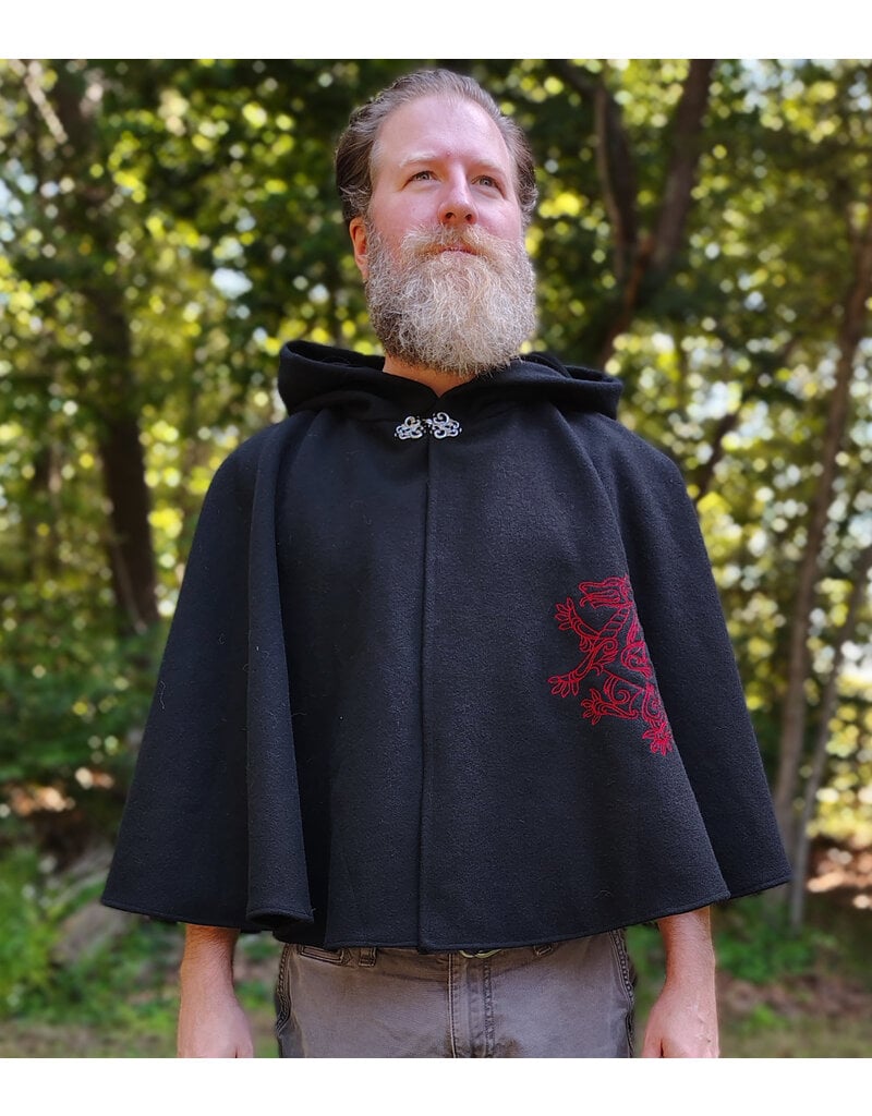 Cloakmakers.com 5837-Washable Black Wool Cloak w/ Red Dragon Embroidery & Pockets