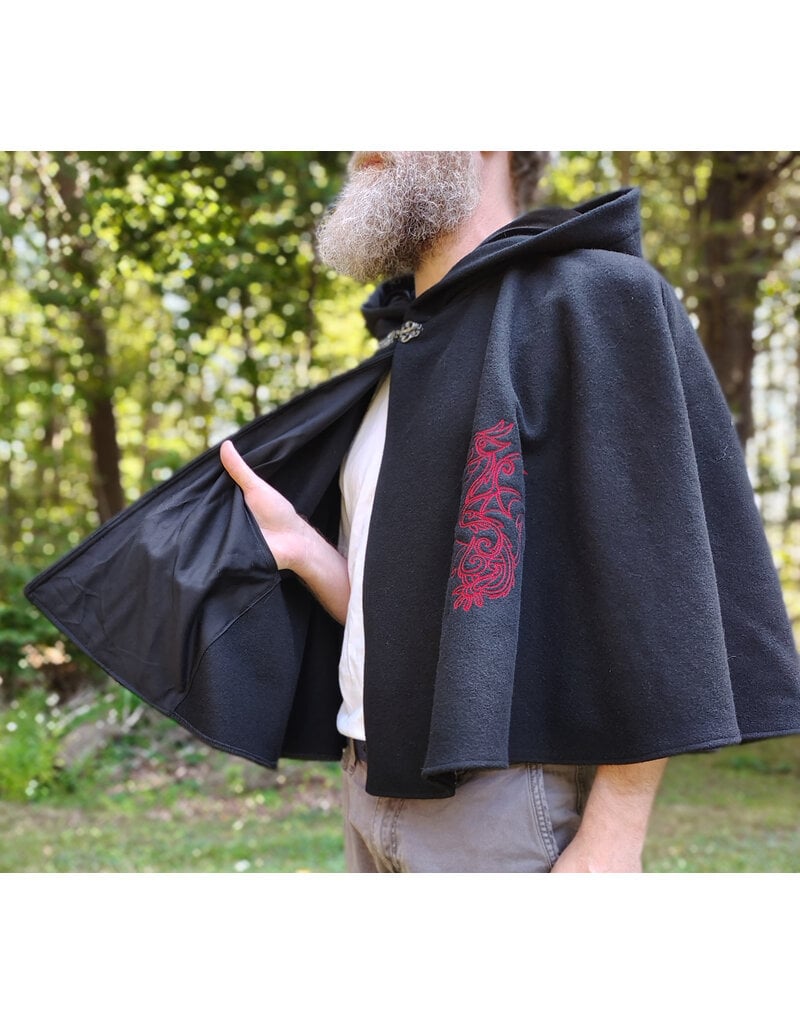 Cloakmakers.com 5837-Washable Black Wool Cloak w/ Red Dragon Embroidery & Pockets