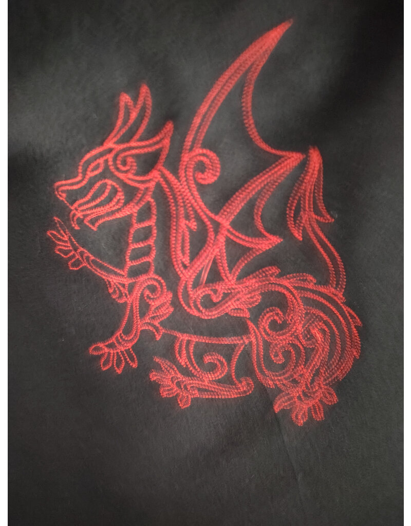 Cloakmakers.com 5837-Washable Black Wool Cloak w/ Red Dragon Embroidery & Pockets