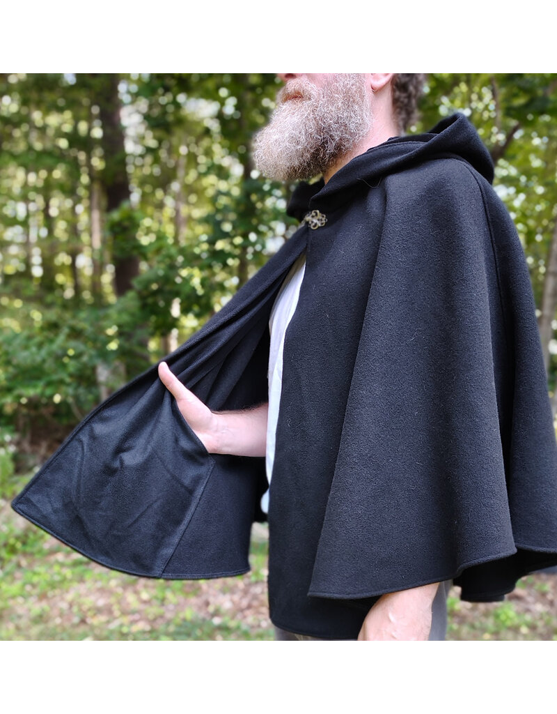 Cloakmakers.com 5839-Washable Black Wool Cloak w/ Black Velvet Hood Lining & Pockets