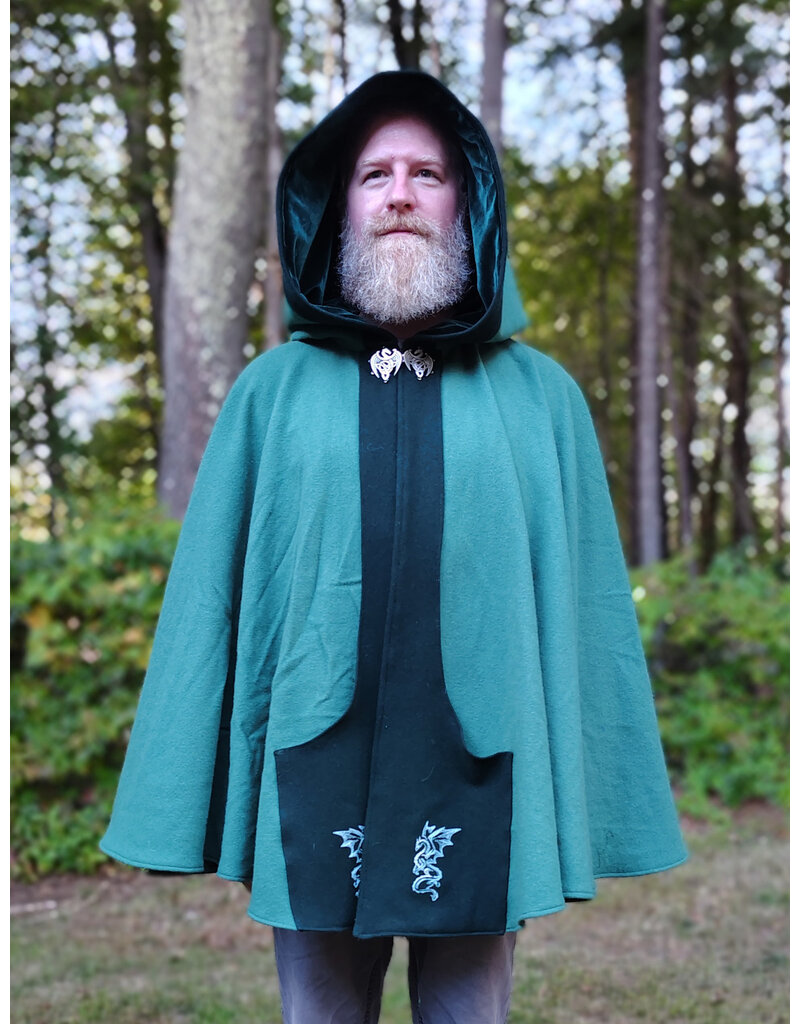 Cloakmakers.com 5843-Washable Green Wool Cloak w/ Dragon Embroidery & Dragon Clasp