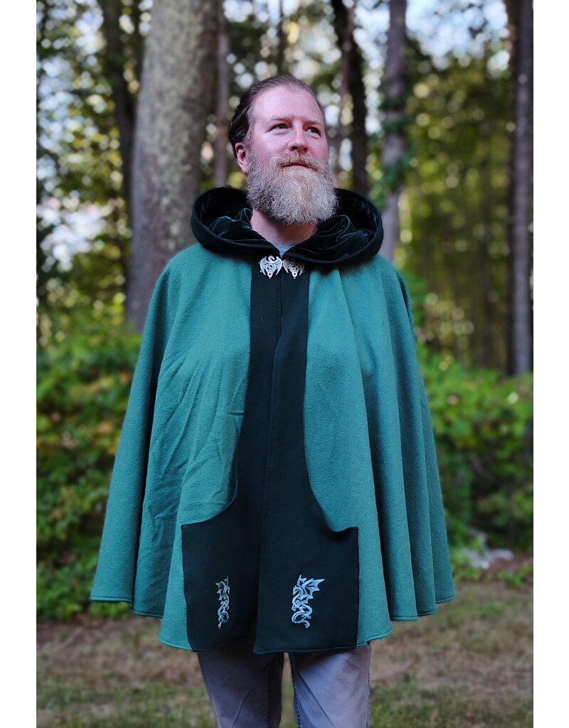 Cloakmakers.com 5843-Washable Green Wool Cloak w/ Dragon Embroidery & Dragon Clasp