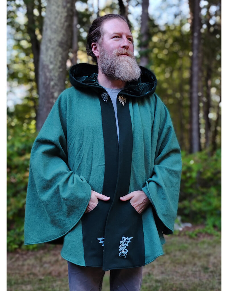 Cloakmakers.com 5843-Washable Green Wool Cloak w/ Dragon Embroidery & Dragon Clasp