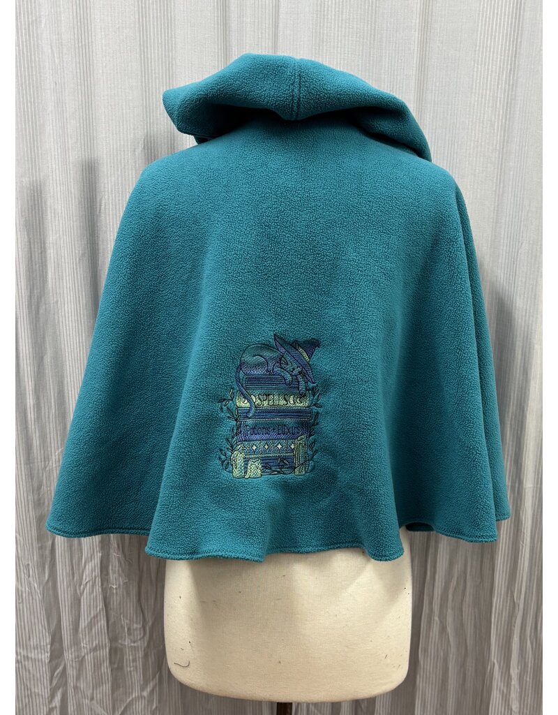 Cloakmakers.com 5382 - Washable Turquoise Short Fleece Cloak w/ Cat Embroidery, Vale-style Clasp