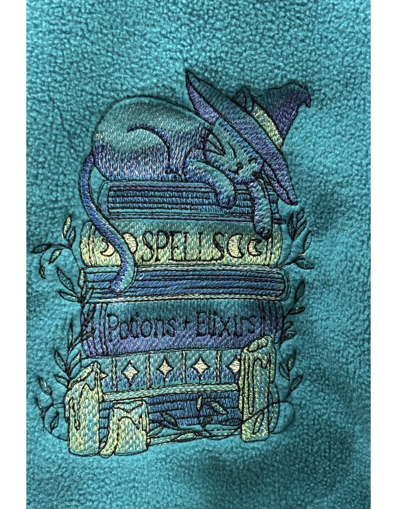 Cloakmakers.com 5382 - Washable Turquoise Short Fleece Cloak w/ Cat Embroidery, Vale-style Clasp
