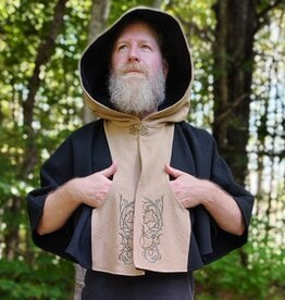 Cloakmakers.com 5849-Washable Black & Tan Wool Cloak w/ Green Ivy Embroidery & Black Hood Lining