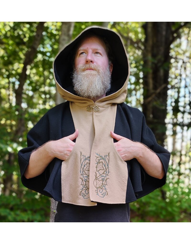 Cloakmakers.com 5849-Washable Black & Tan Wool Cloak w/ Green Ivy Embroidery & Black Hood Lining