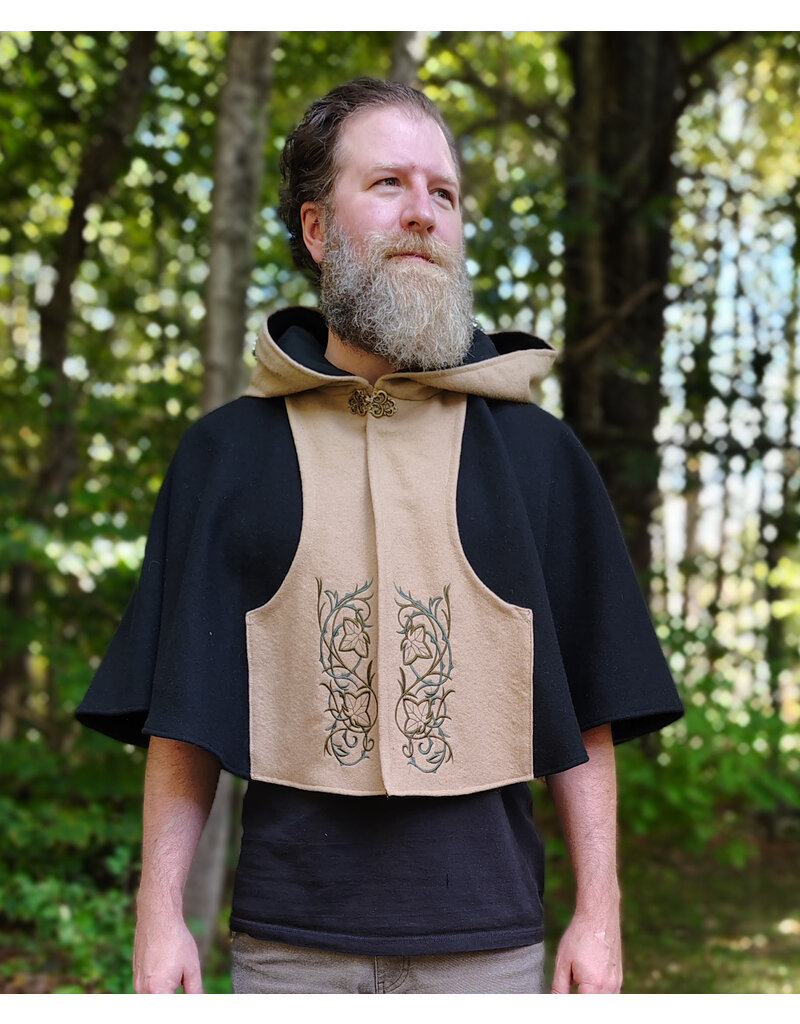 Cloakmakers.com 5849-Washable Black & Tan Wool Cloak w/ Green Ivy Embroidery & Black Hood Lining