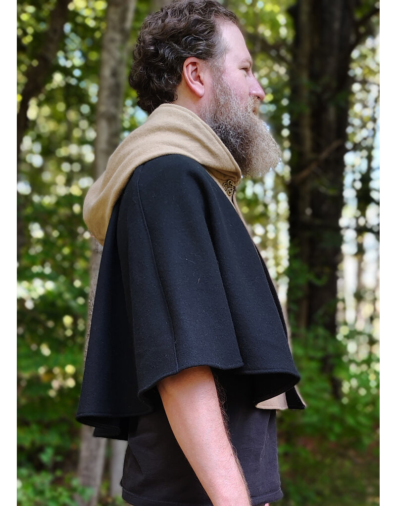 Cloakmakers.com 5849-Washable Black & Tan Wool Cloak w/ Green Ivy Embroidery & Black Hood Lining
