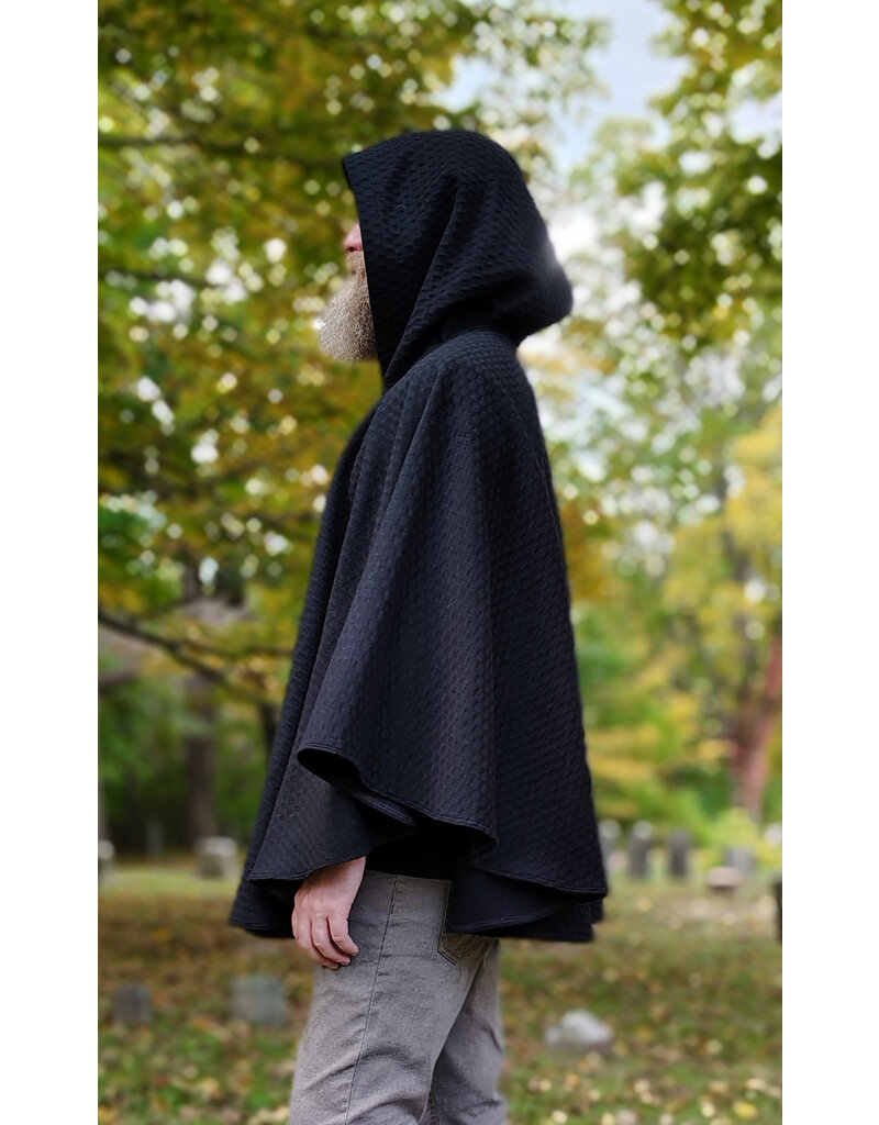 Cloakmakers.com 5851-Short Black Wool Blend Cloak w/ Square Incised Novelty Weave & Silver Toned Clasp