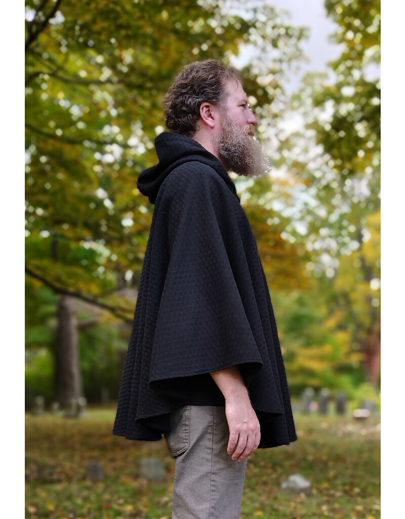 Cloakmakers.com 5851-Short Black Wool Blend Cloak w/ Square Incised Novelty Weave & Silver Toned Clasp