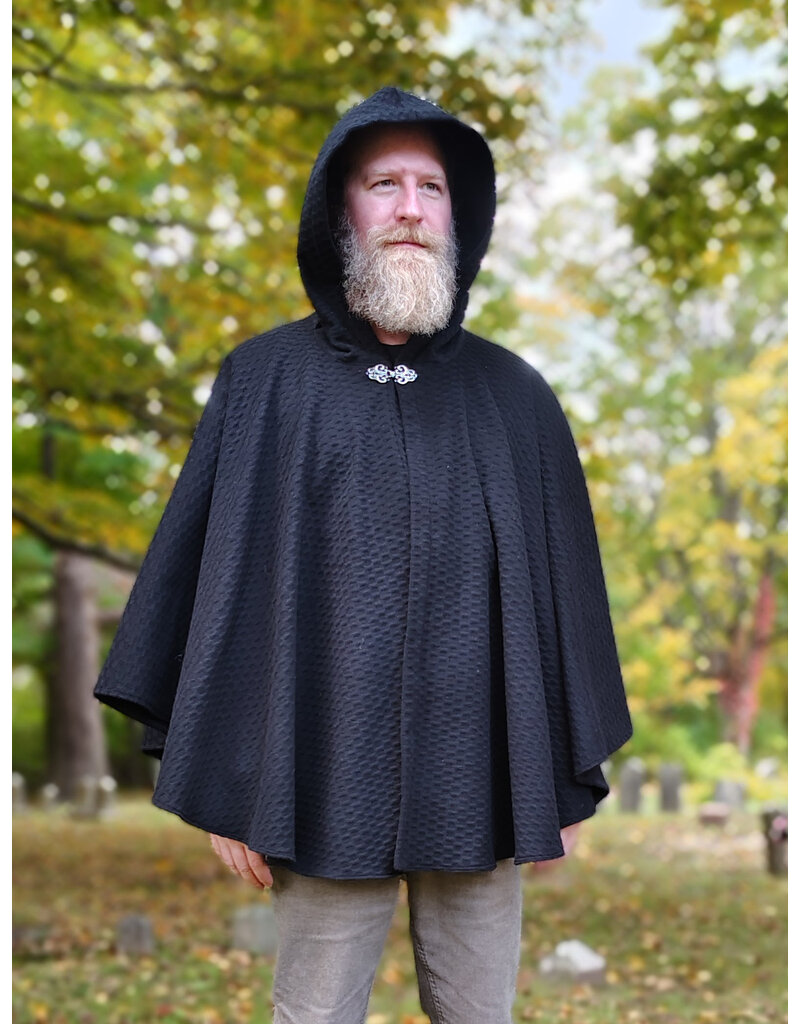 Cloakmakers.com 5851-Short Black Wool Blend Cloak w/ Square Incised Novelty Weave & Silver Toned Clasp