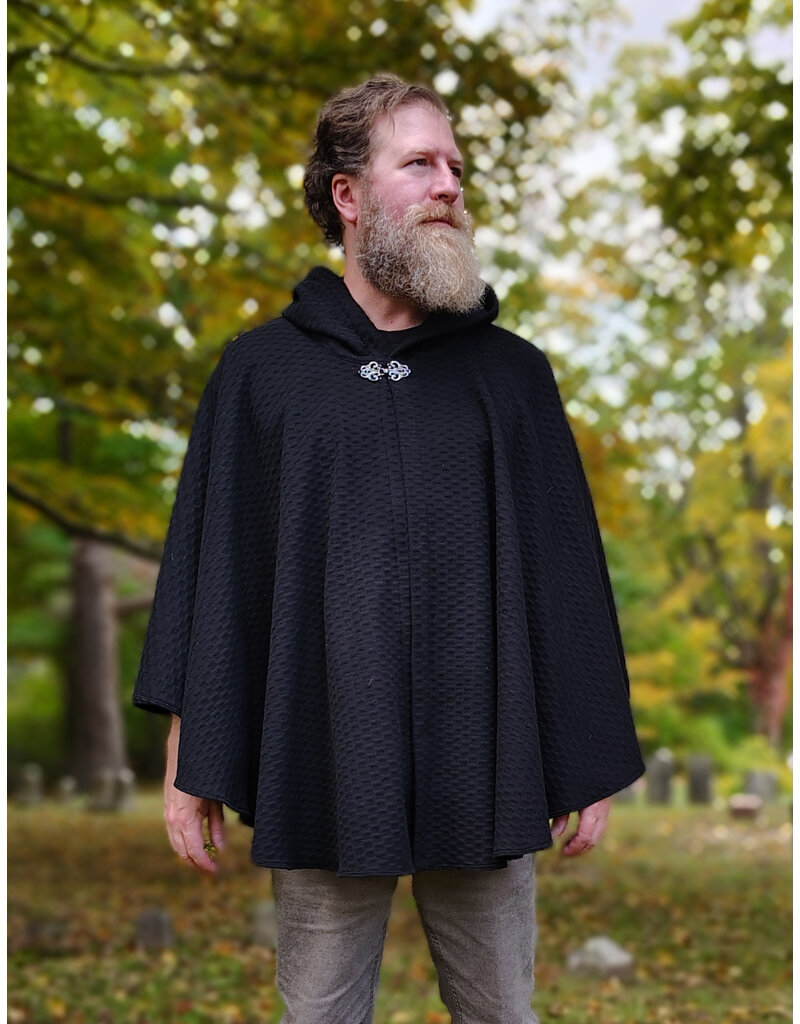 Cloakmakers.com 5851-Short Black Wool Blend Cloak w/ Square Incised Novelty Weave & Silver Toned Clasp