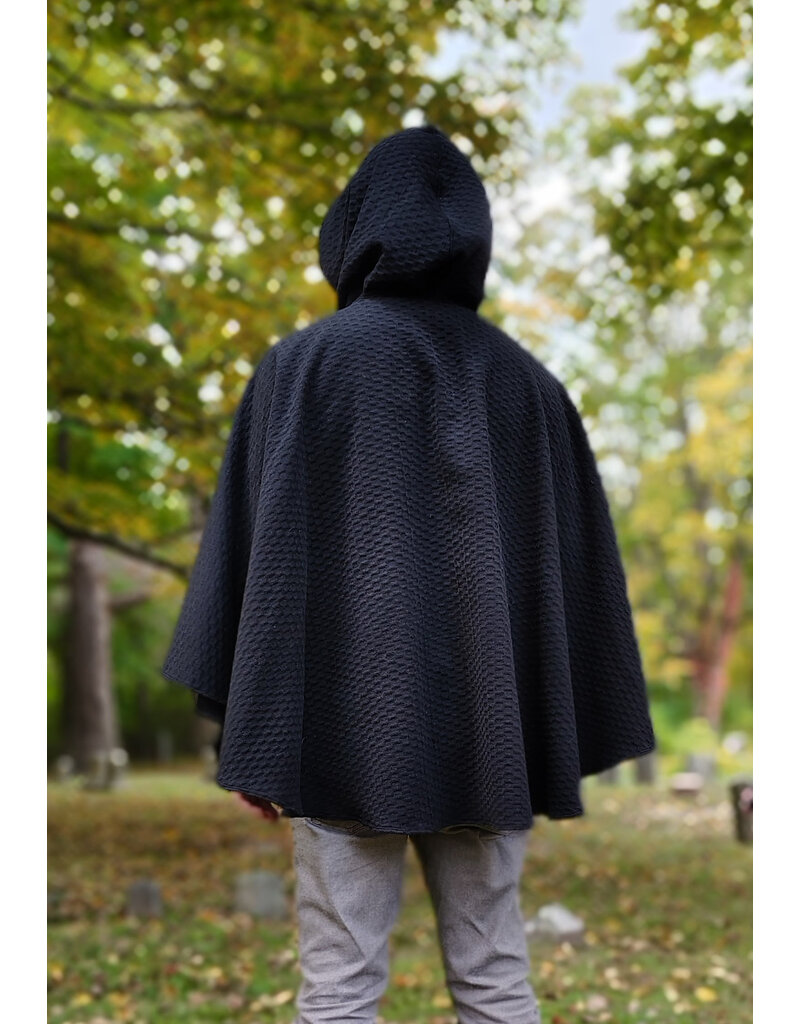 Cloakmakers.com 5851-Short Black Wool Blend Cloak w/ Square Incised Novelty Weave & Silver Toned Clasp
