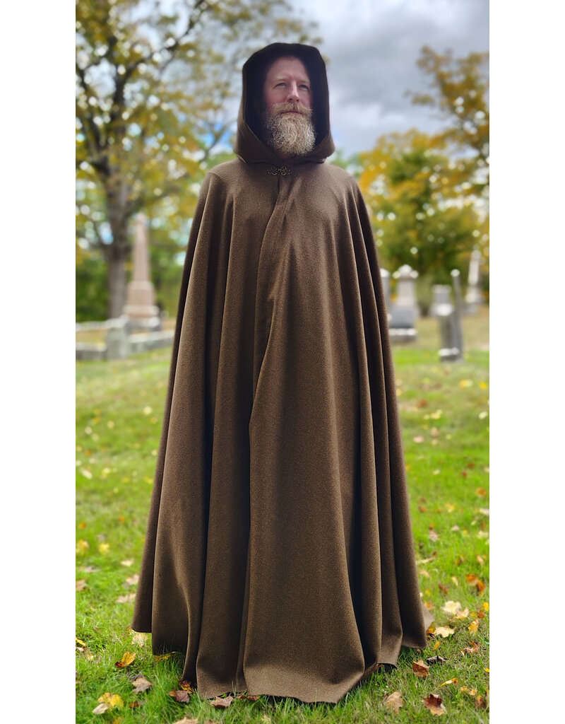 Cloakmakers.com 5853-Long Brown Ranger Cloak w/ Black Velvet Hood Lining & Bronze Toned Clasp