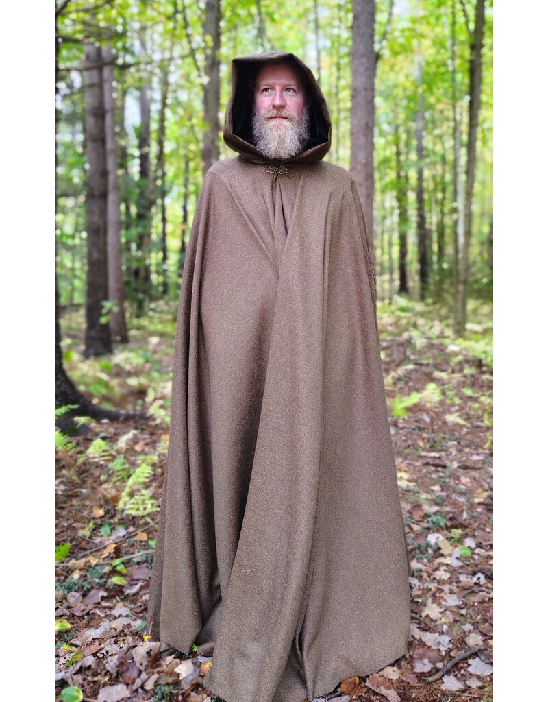 Cloakmakers.com 5853-Long Brown Ranger Cloak w/ Black Velvet Hood Lining & Bronze Toned Clasp
