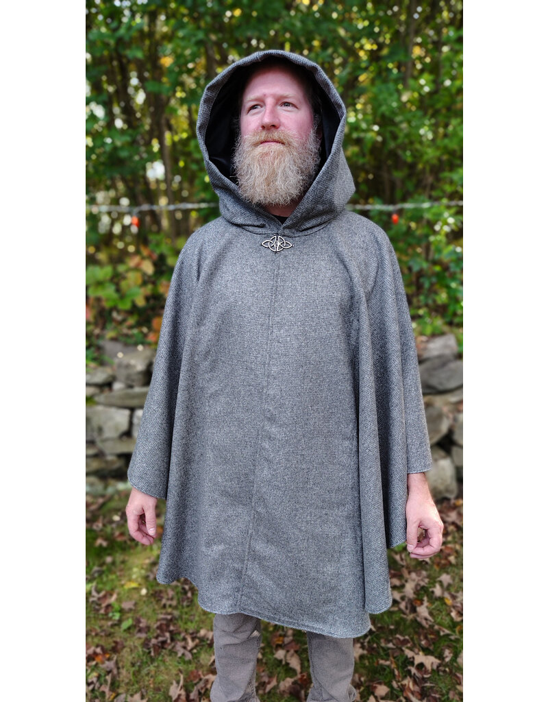 Cloakmakers.com 5854-Grey Ruana Style Cloak w/ Black Velvet Hood Lining & Grey Faux Suede Pockets