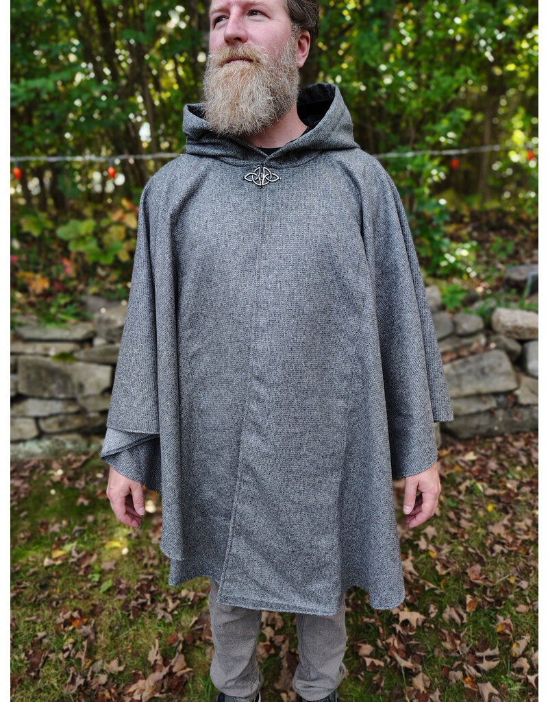 Cloakmakers.com 5854-Grey Ruana Style Cloak w/ Black Velvet Hood Lining & Grey Faux Suede Pockets