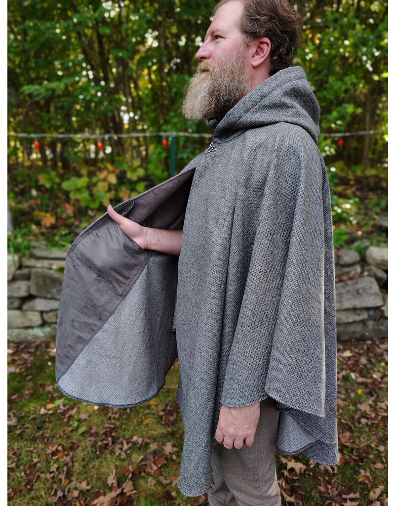 Cloakmakers.com 5854-Grey Ruana Style Cloak w/ Black Velvet Hood Lining & Grey Faux Suede Pockets
