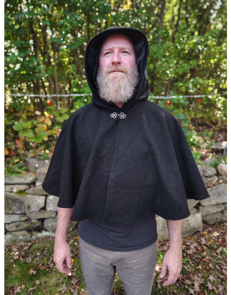 Cloakmakers.com 5855-Washable Black Wool Cloak w/ Black Velvet Hood Lining & Black Pockets