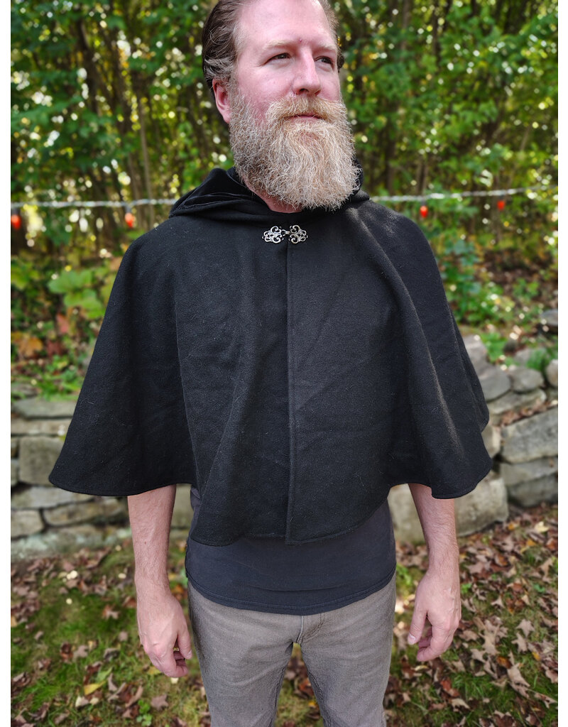 Cloakmakers.com 5855-Washable Black Wool Cloak w/ Black Velvet Hood Lining & Black Pockets
