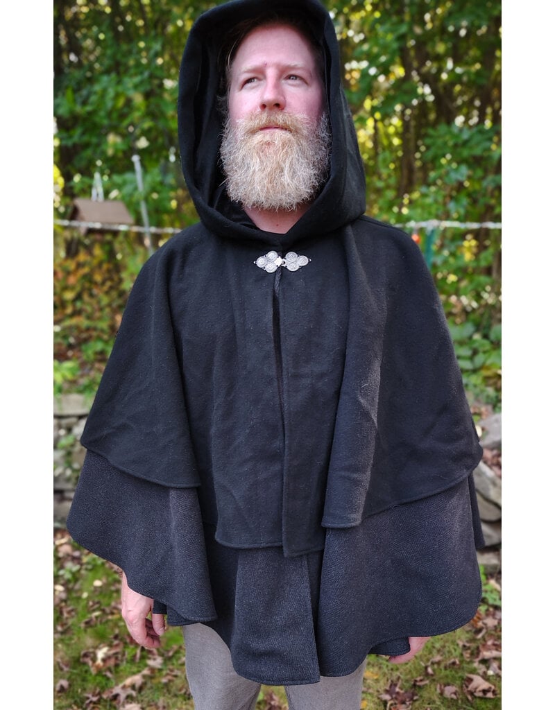 Cloakmakers.com 5857-Washable Black Wool Cloak w/ Black Mantle, Hood Lining, & Pockets