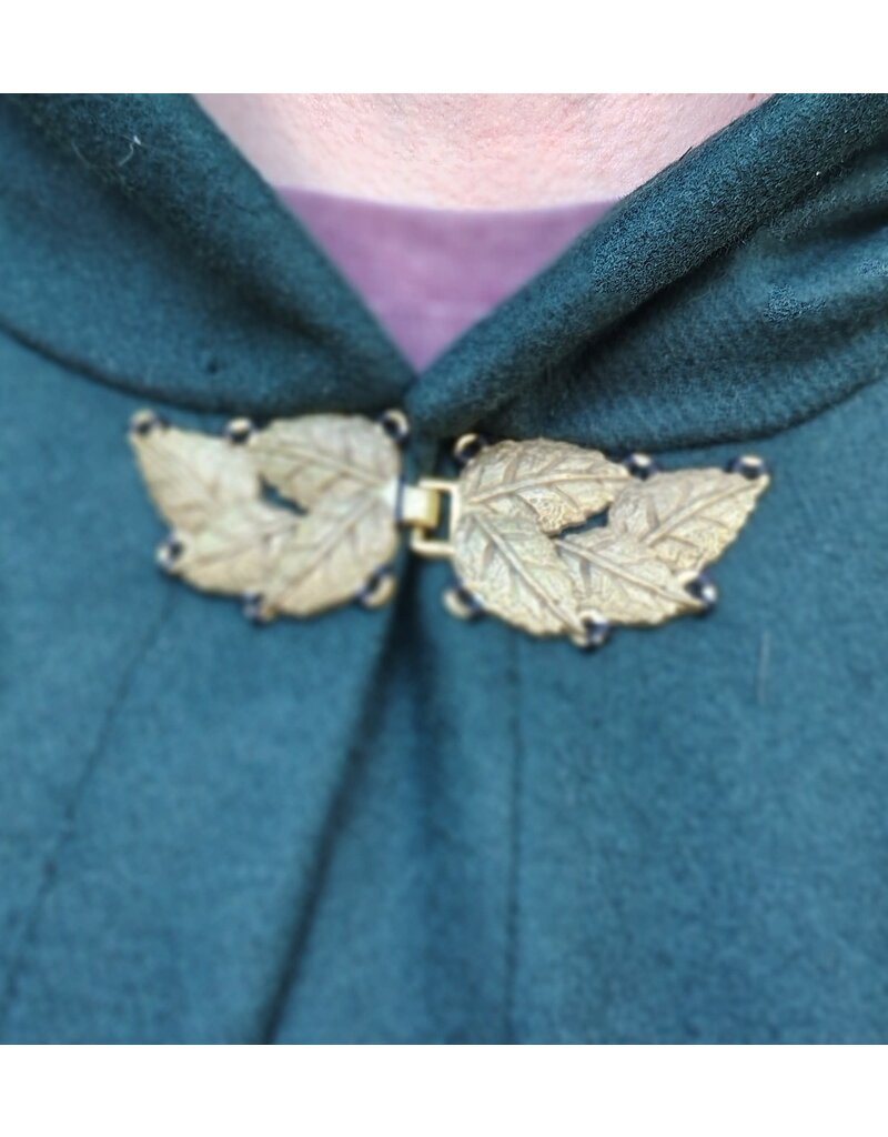 Cloakmakers.com 5860-Forest Green Wool Blend Cloak w/ Gold Multileaf Clasp & Brown Faux Suede Hood Lining
