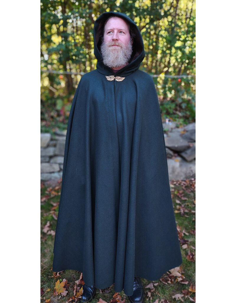Cloakmakers.com 5860-Forest Green Wool Blend Cloak w/ Gold Multileaf Clasp & Brown Faux Suede Hood Lining