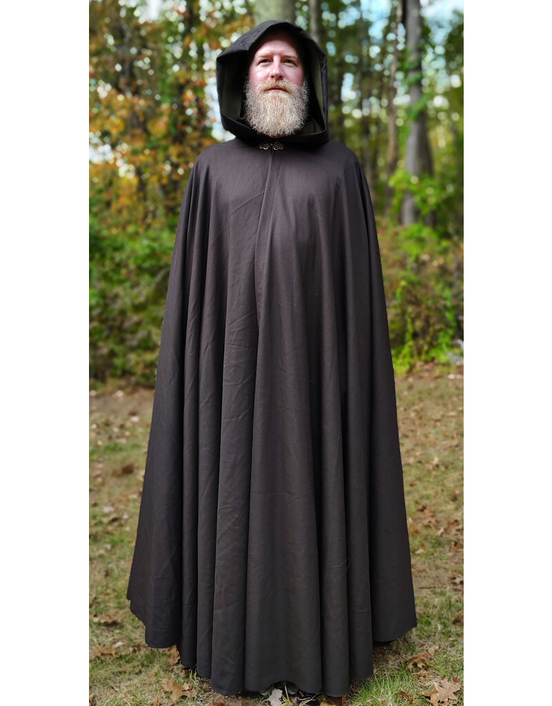 Cloakmakers.com 5862-Washable Dark Brown Lightweight Woven Wool Cloak w/ Olive Green Hood Lining