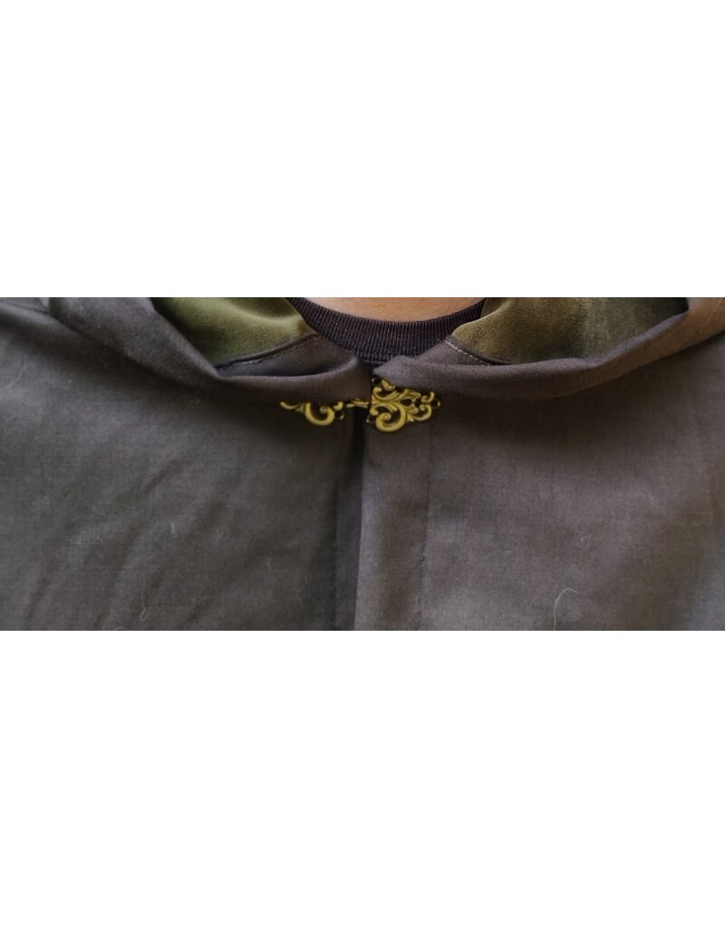 Cloakmakers.com 5862-Washable Dark Brown Lightweight Woven Wool Cloak w/ Olive Green Hood Lining