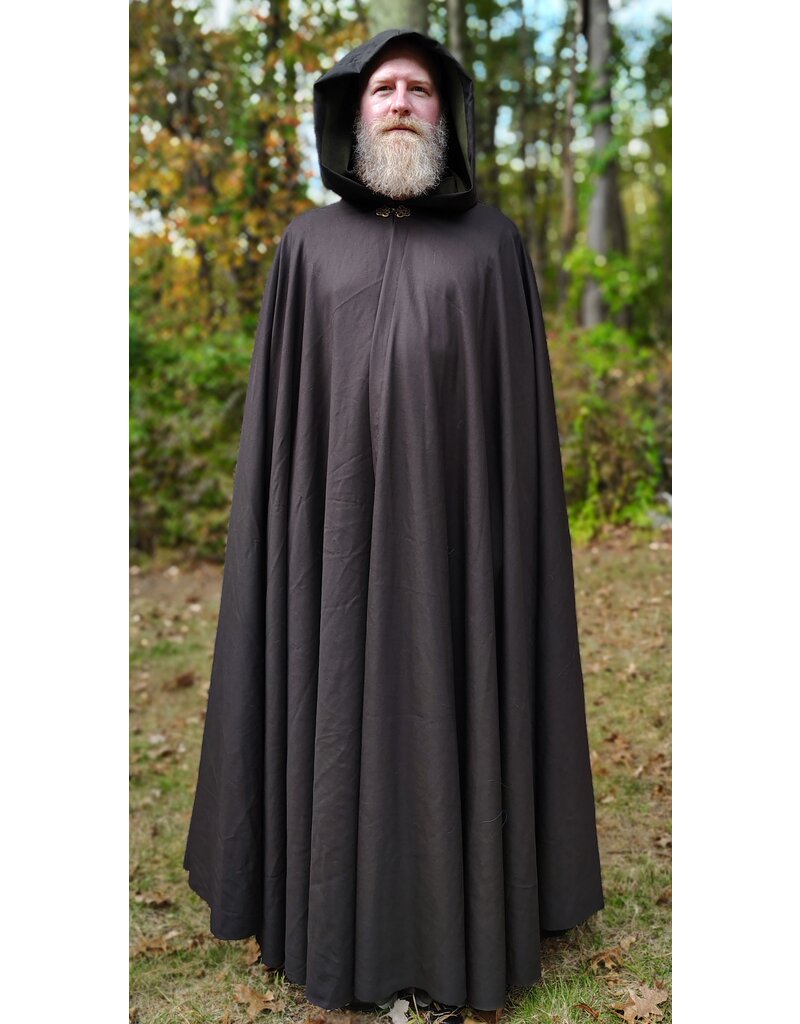 Cloakmakers.com 5862-Washable Dark Brown Lightweight Woven Wool Cloak w/ Olive Green Hood Lining