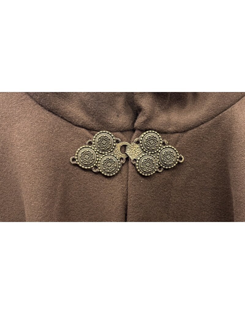 Cloakmakers.com 5563-Washable Faux Wool Brown Cloak w/ Green Velvet Hood Lining W/ Bronze Medallion Clasp