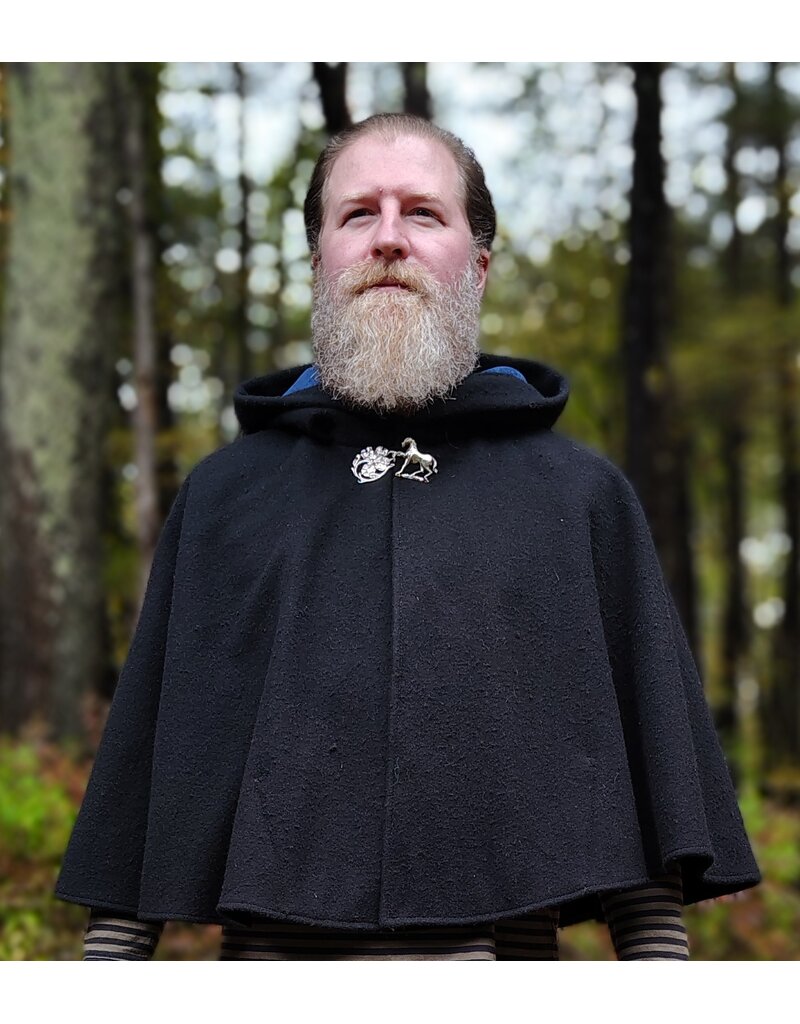 Cloakmakers.com 5608-Washable Thick Black 100% Wool Cloak w/ Blue Faux Suede Hood Lining & Pockets