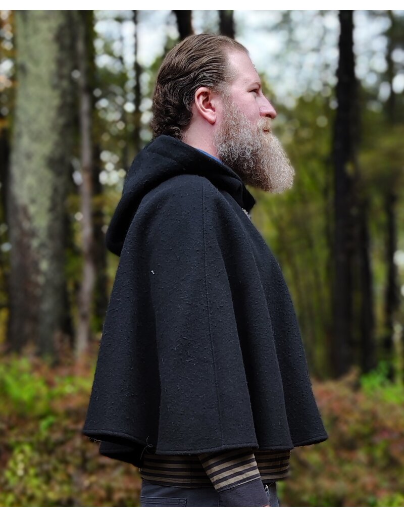 Cloakmakers.com 5608-Washable Thick Black 100% Wool Cloak w/ Blue Faux Suede Hood Lining & Pockets