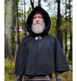 Cloakmakers.com 5608-Washable Thick Black 100% Wool Cloak w/ Blue Faux Suede Hood Lining & Pockets